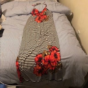 Black and White striped hibiscus dress